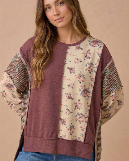 Mixed Fabric Floral Waffle Knit Paneling Top