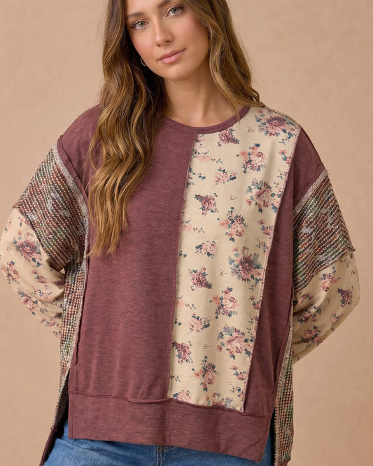 Mixed Fabric Floral Waffle Knit Paneling Top