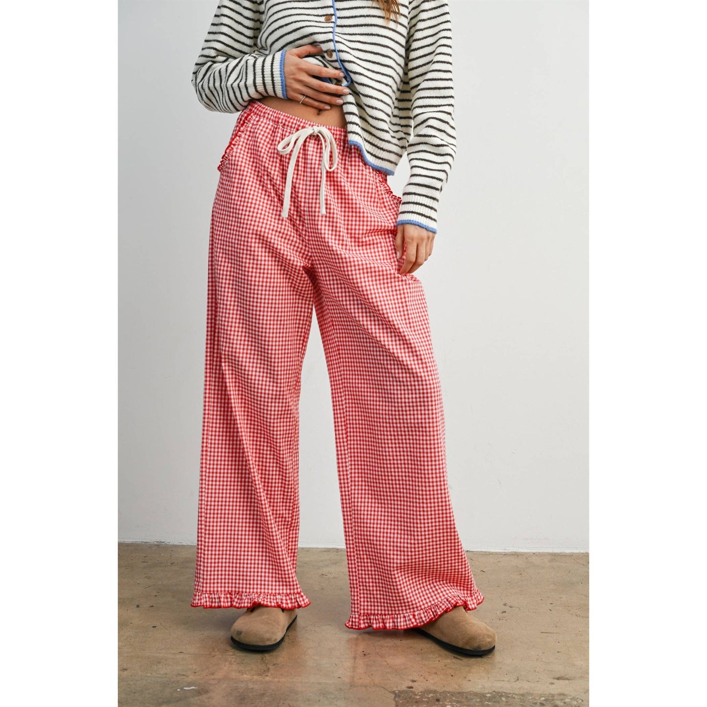 Women's Striped Ruffle Hem Cropped Pants- BMP8476