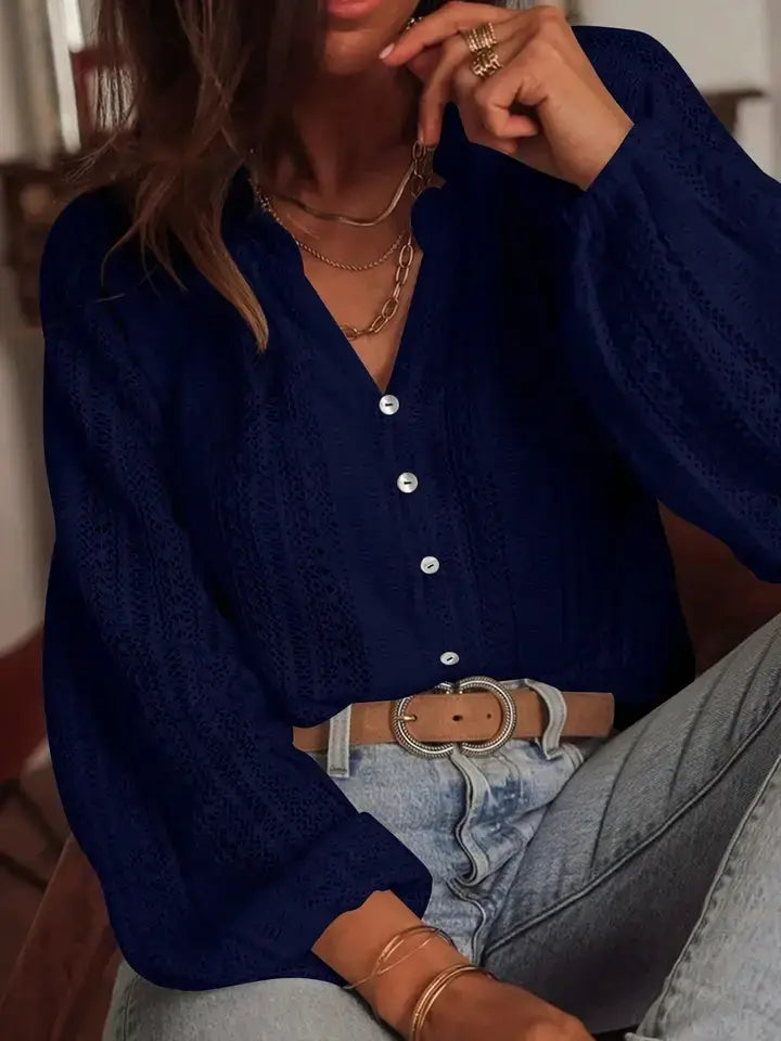 Open Knit Lace V Neck Button Front Blouse