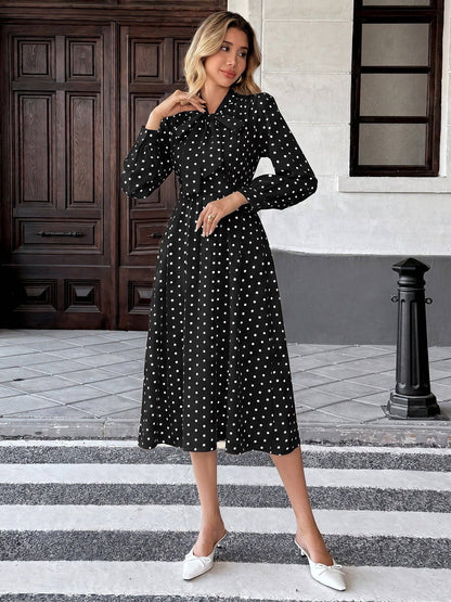 Polka Dot Bow Tie Neck Dress Long Sleeve Vintage Midi
