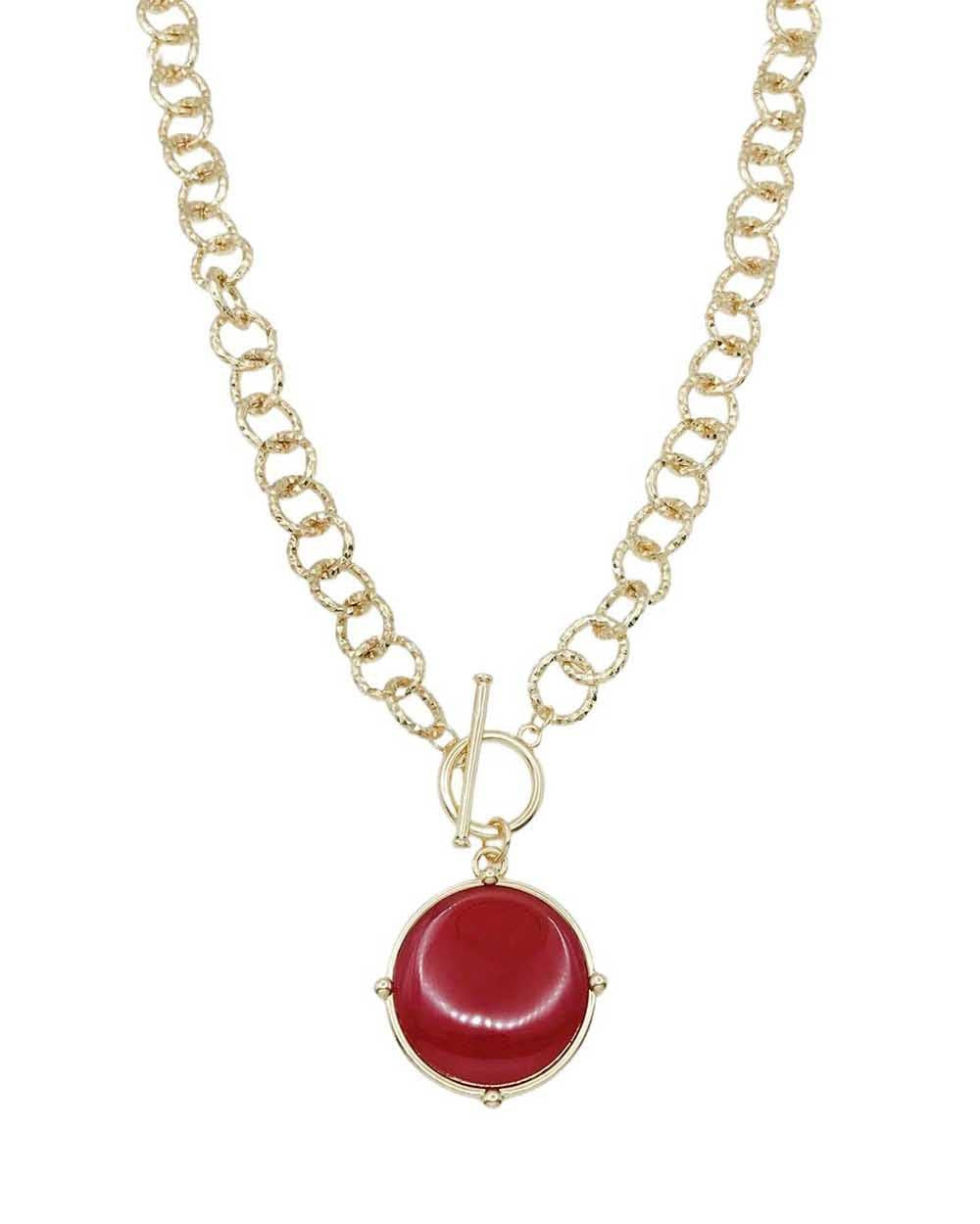 Gold Open Chain with Red Circle Stone and Gold 16"-18" Necklace