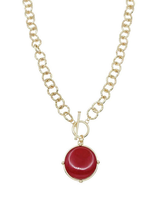 Gold Open Chain with Red Circle Stone and Gold 16"-18" Necklace