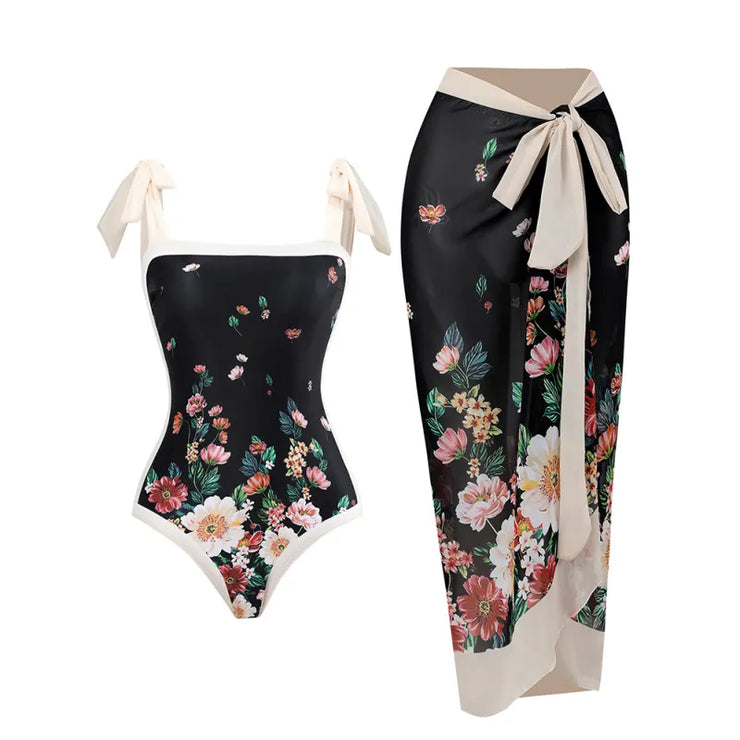 Black Floral One Piece with Tie Skirt