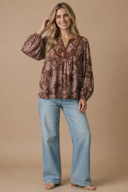 Floral Crochet Trim Babydoll Blouse