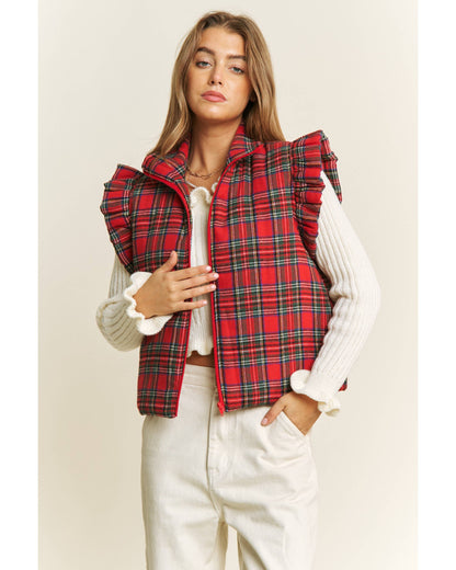 TARTAN RUFFLED PLAID PUFFER ZIP UP VEST