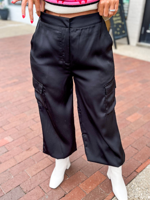 Black Satin Cargo Joggers