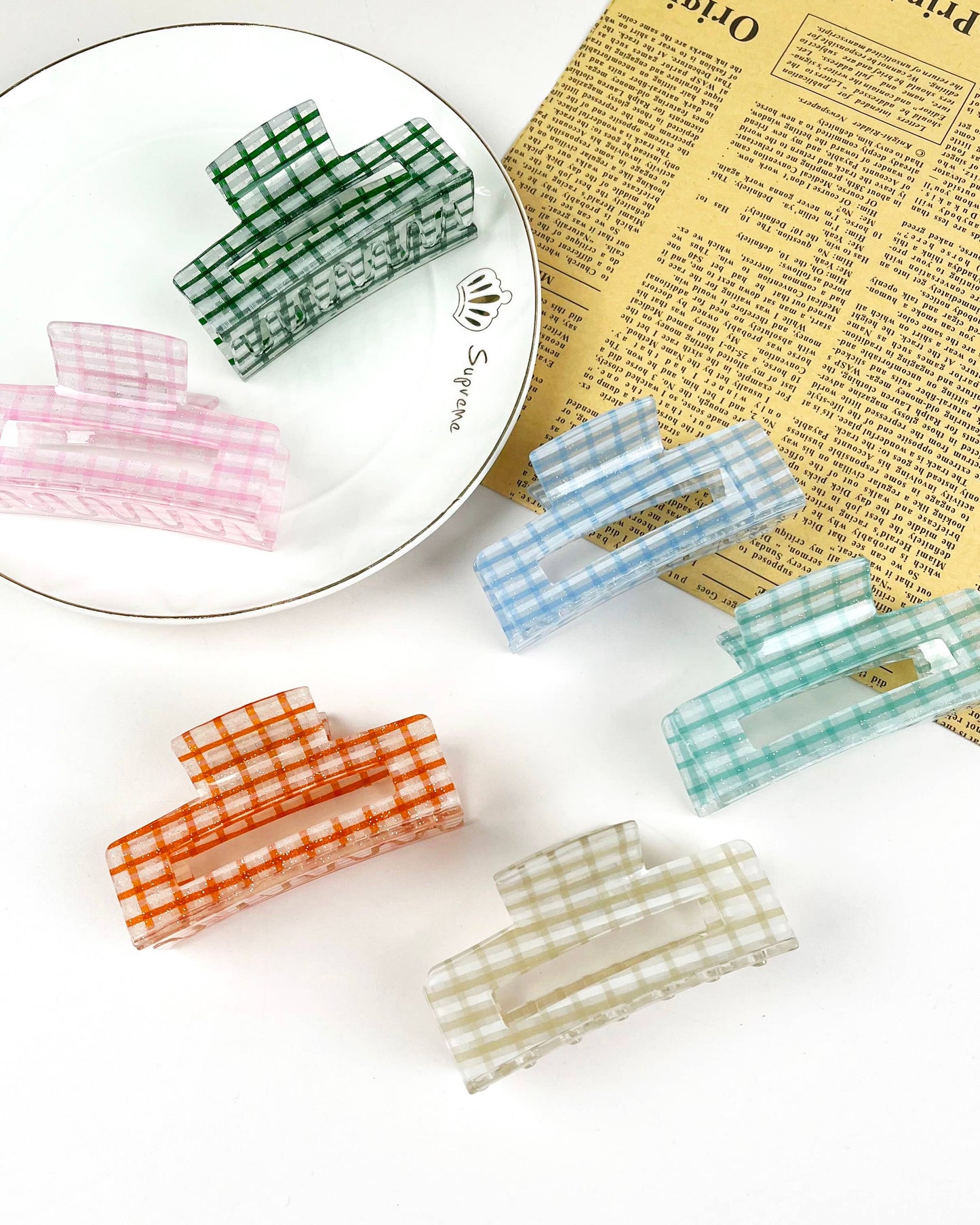 Spring Plaid Sparkly Hair Clip Rectangular Claw Clips