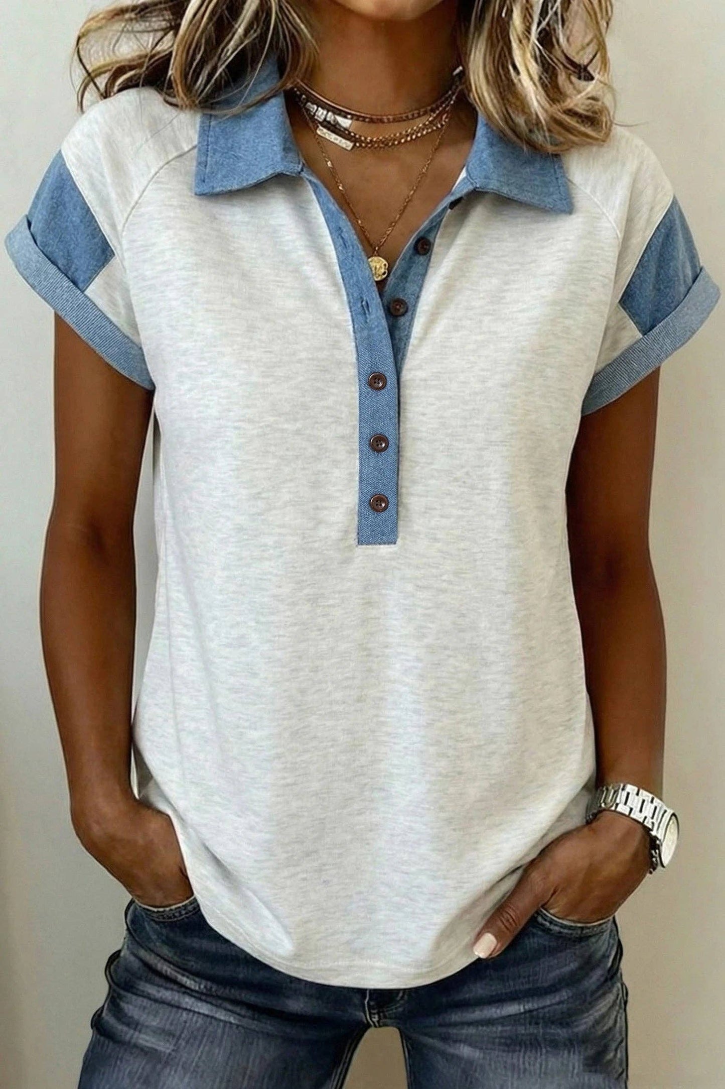 Light Grey & Denim  Patchwork Short Sleeve Blouse