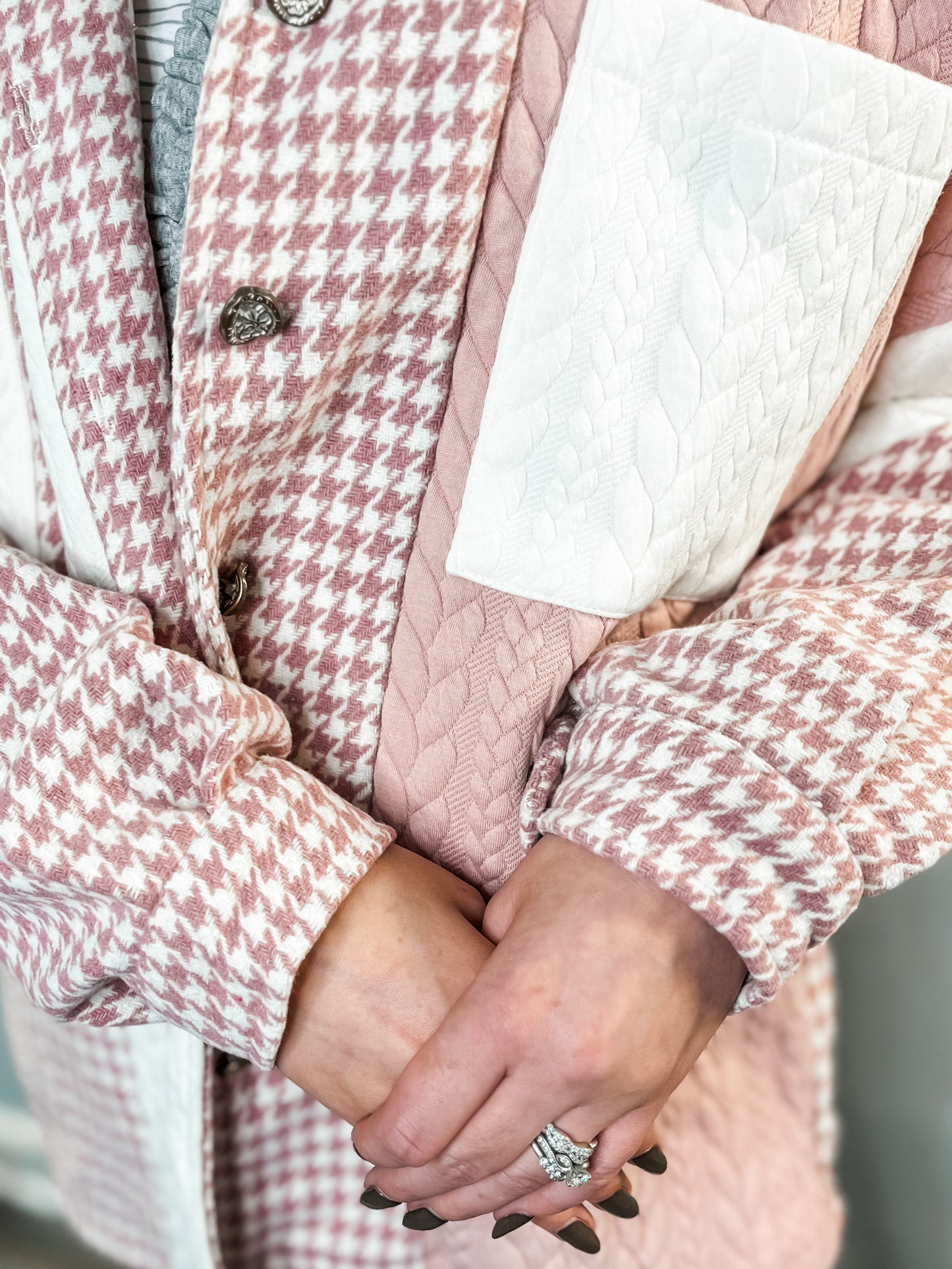 Pink Houndstooth Patchwork Shacket