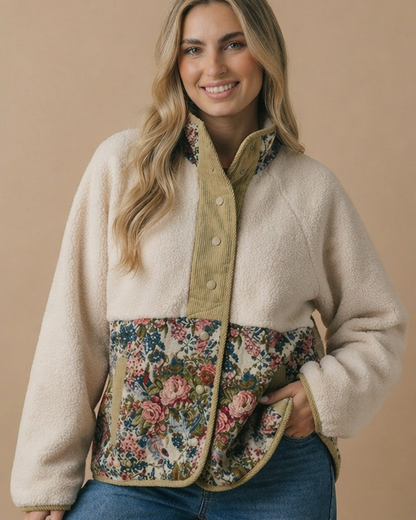 High Neck Snap Button Sherpa Floral Jacket