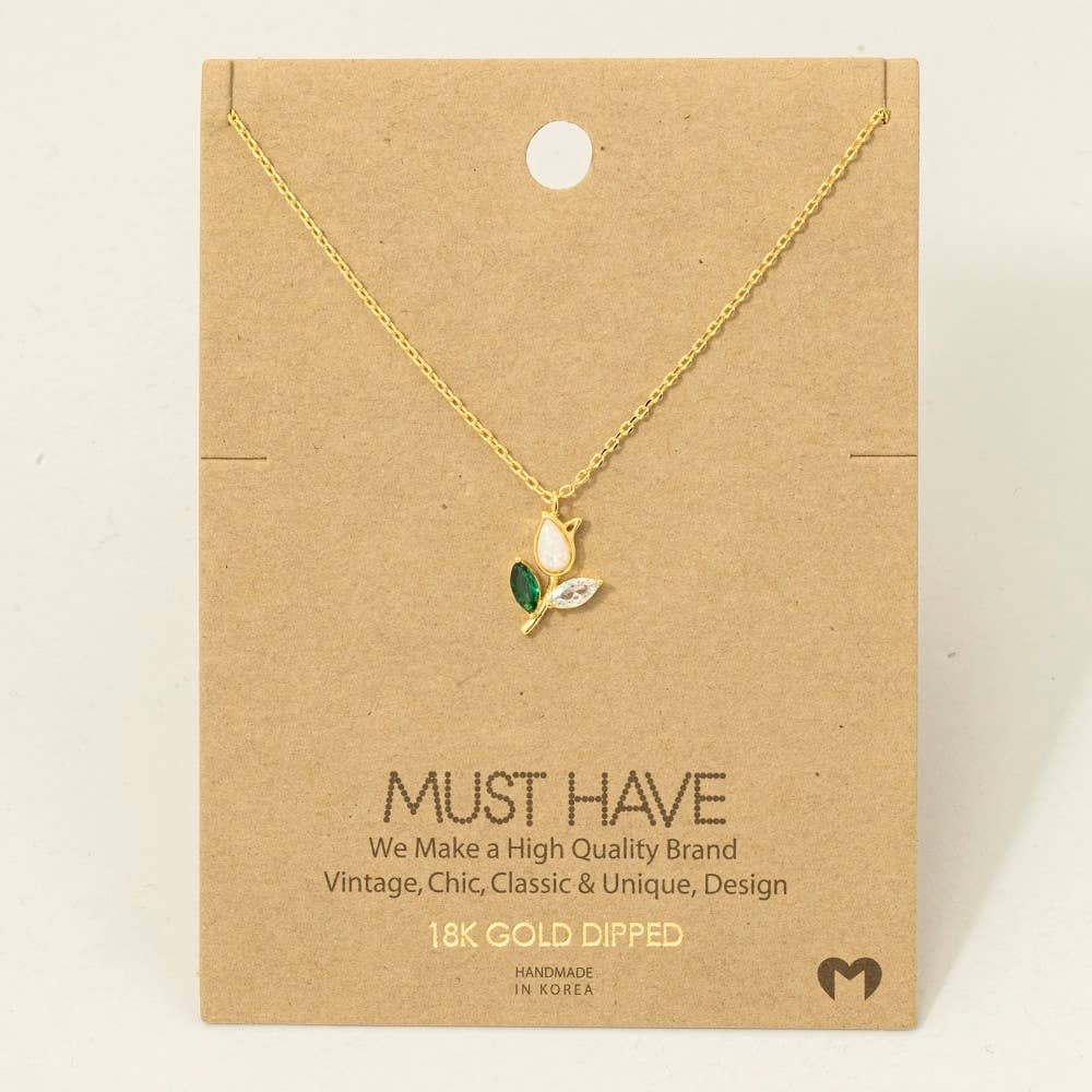 Opal Tulip Flower Green Leaf Necklace