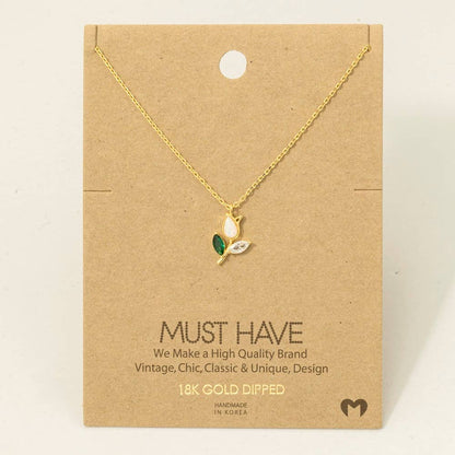 Opal Tulip Flower Green Leaf Necklace