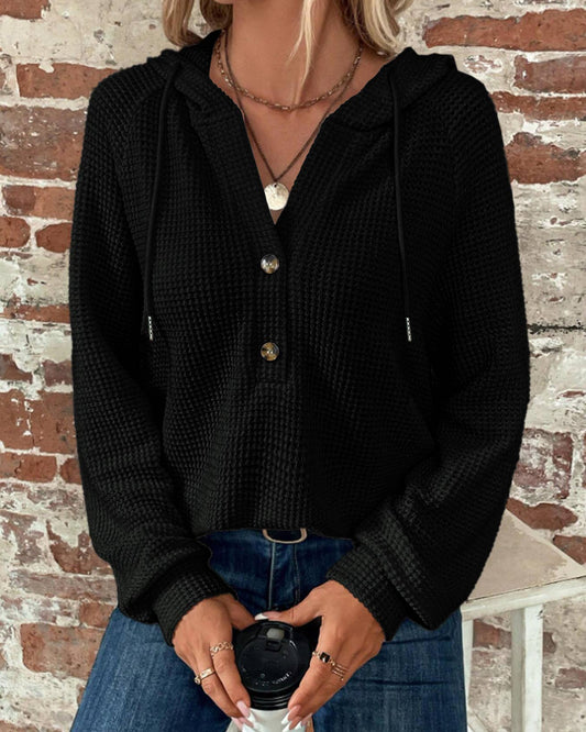 Black Waffle Weave Long Sleeve Hoodie