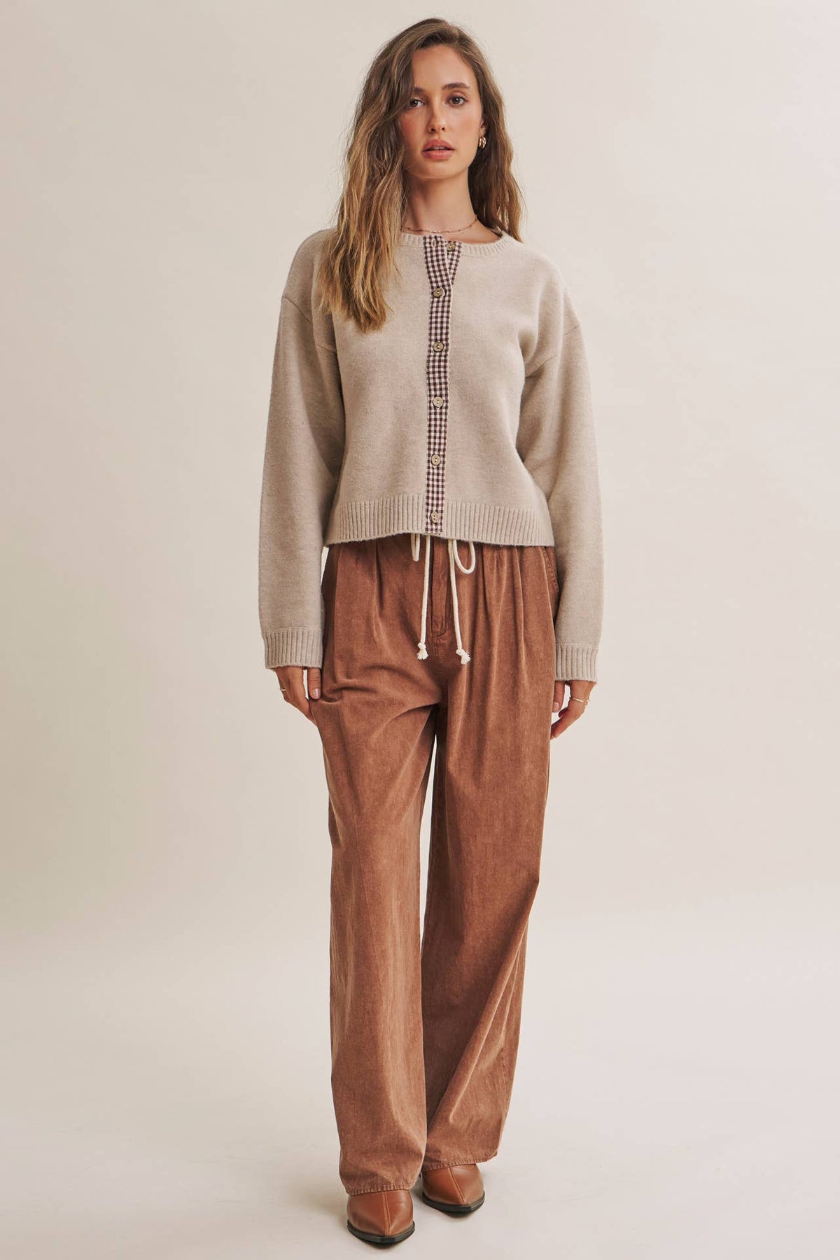 Beige Cardigan w/ Plaid Button Up Acccent