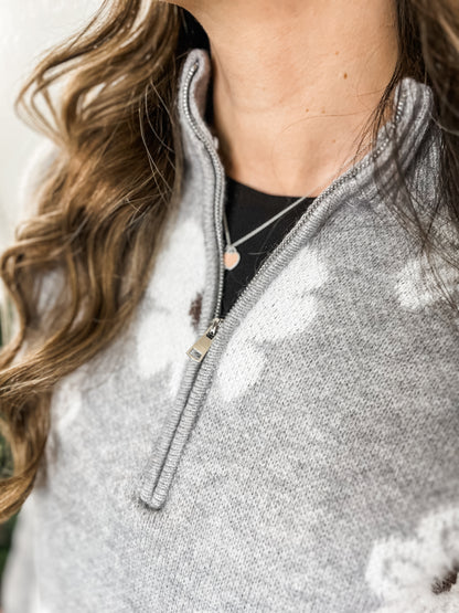 Grey Flower Quarter Zip Sweater