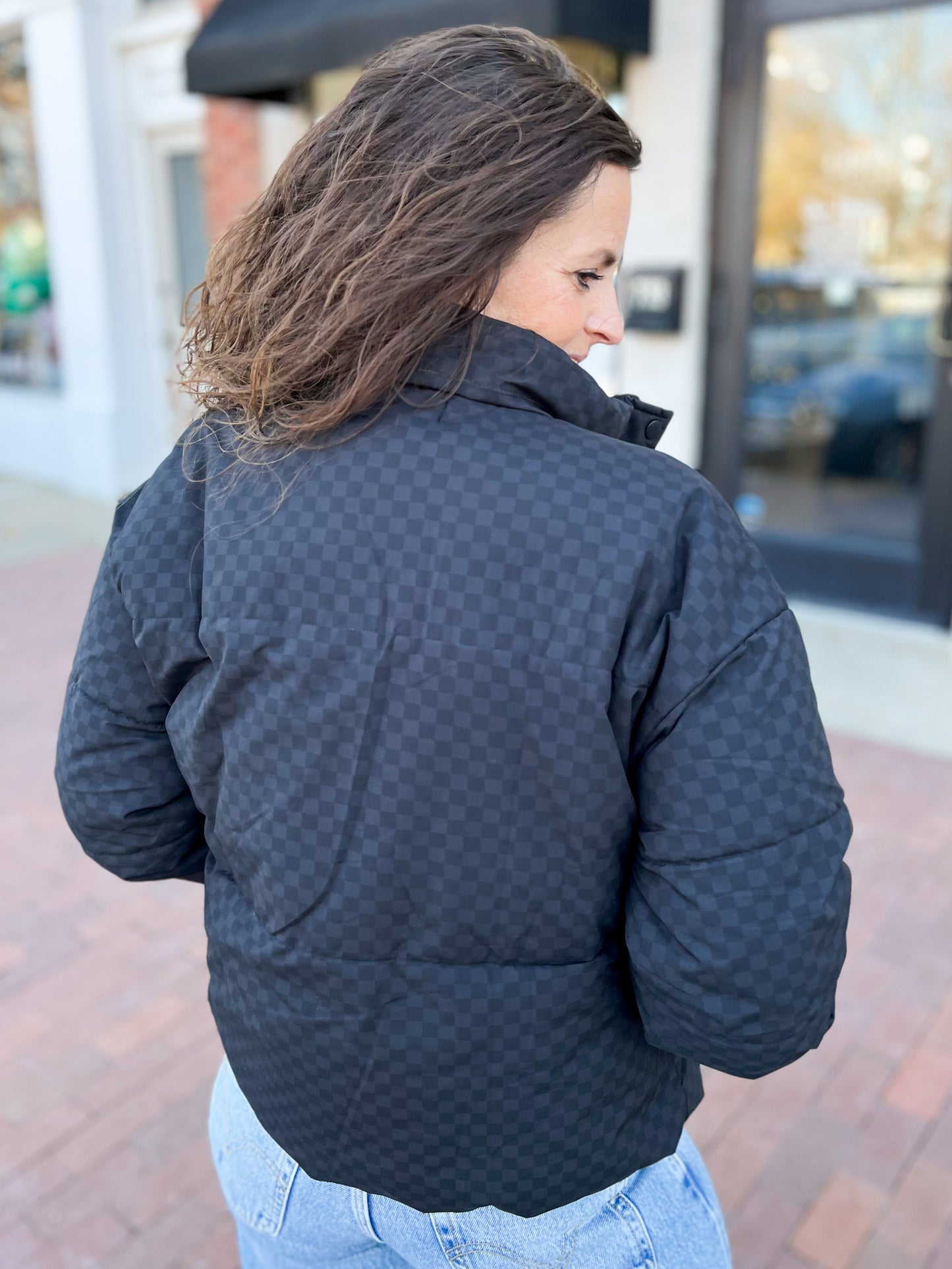 Black Checkered Puffer Coat
