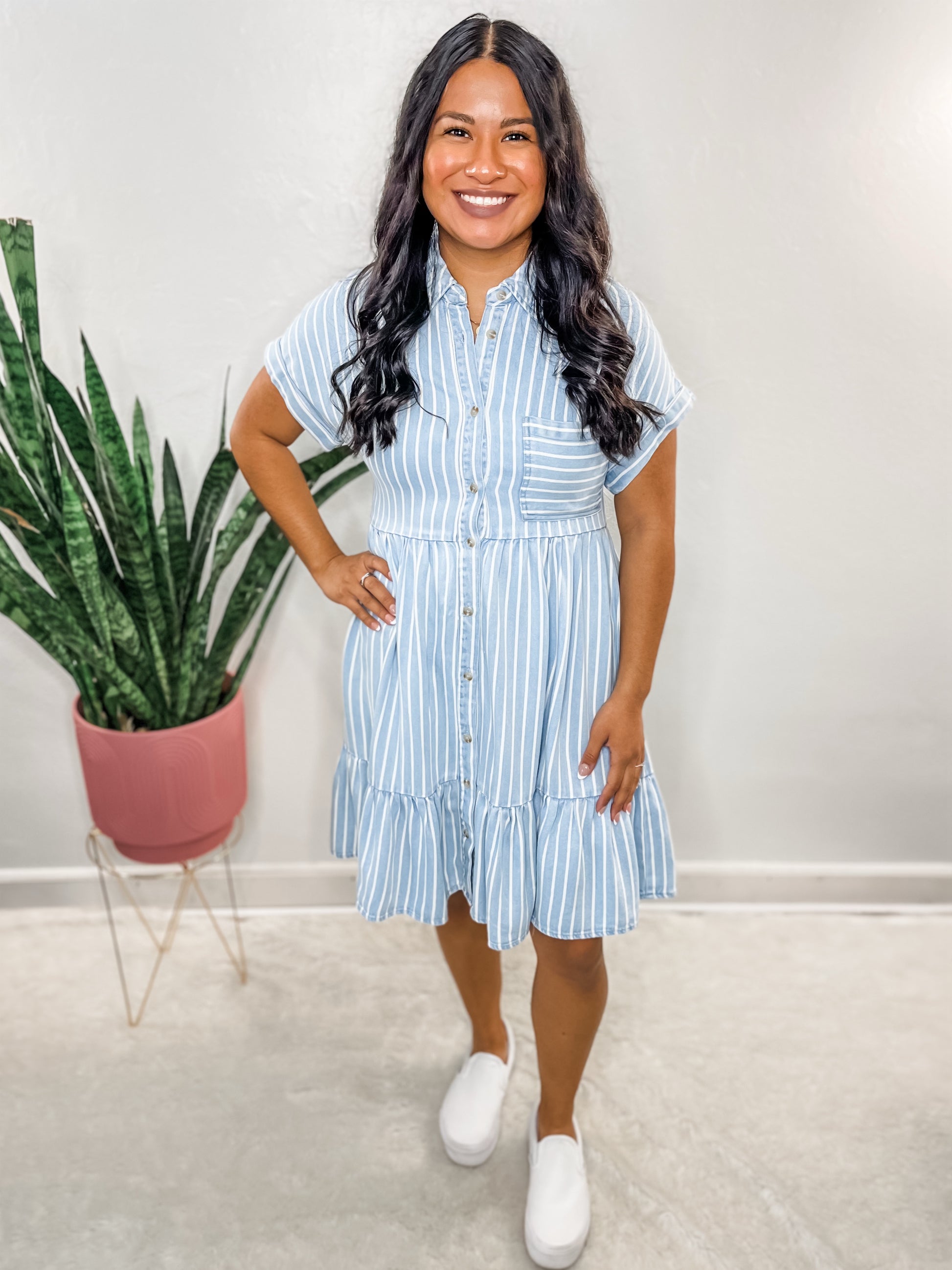 Button Down Stripe Chambray Dress