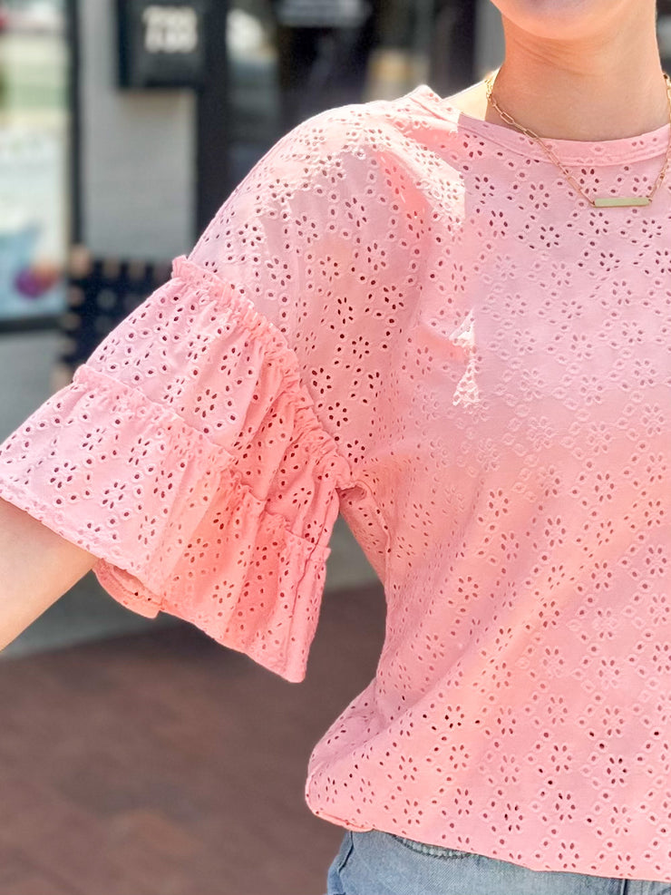Dusty Pink Eyelet Flare Sleeve Top
