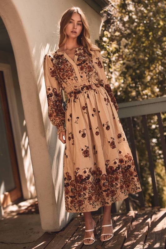 Floral Border Printed Midi Dress