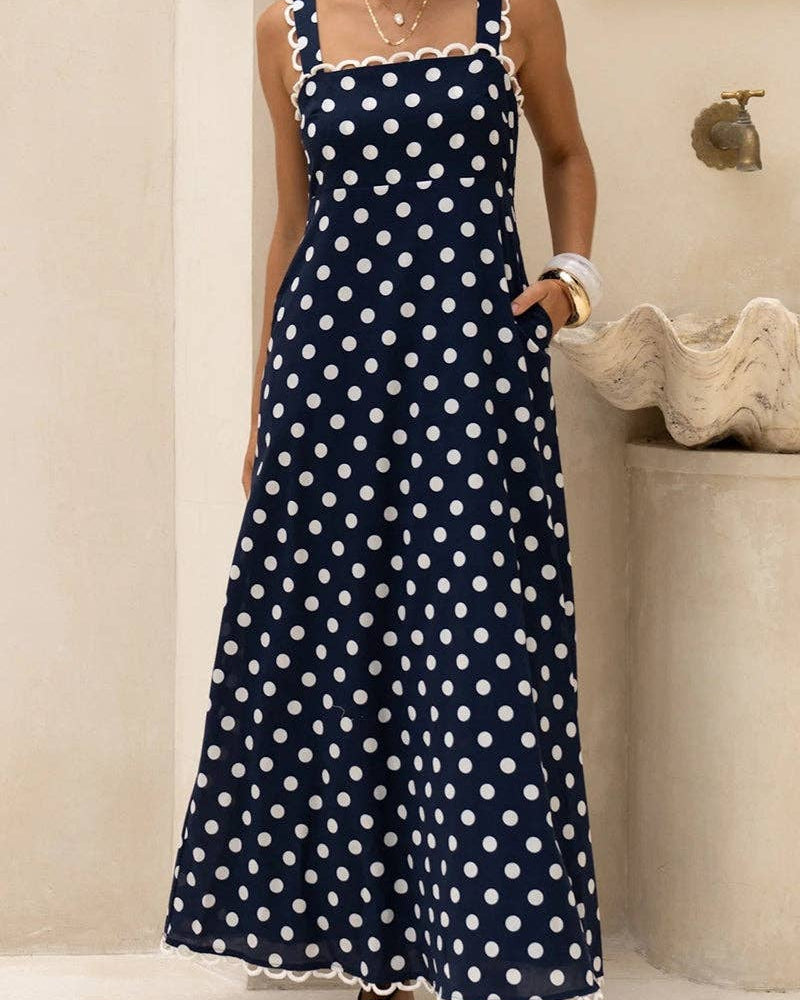 Navy Blue & White Polka Dot Maxi Dress