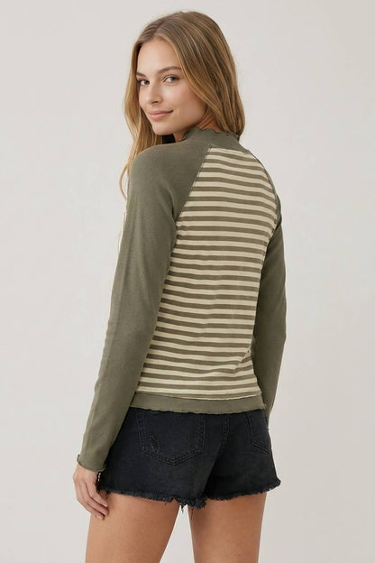 Striped Contrast Pocket Mock Neck