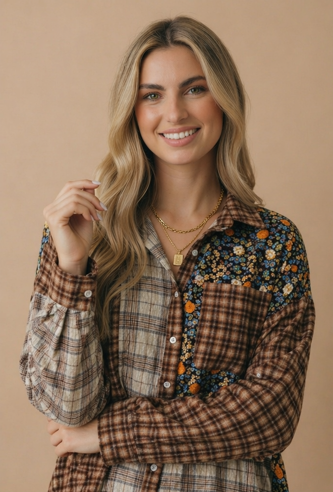 Plaid & Floral Color Block Button Down