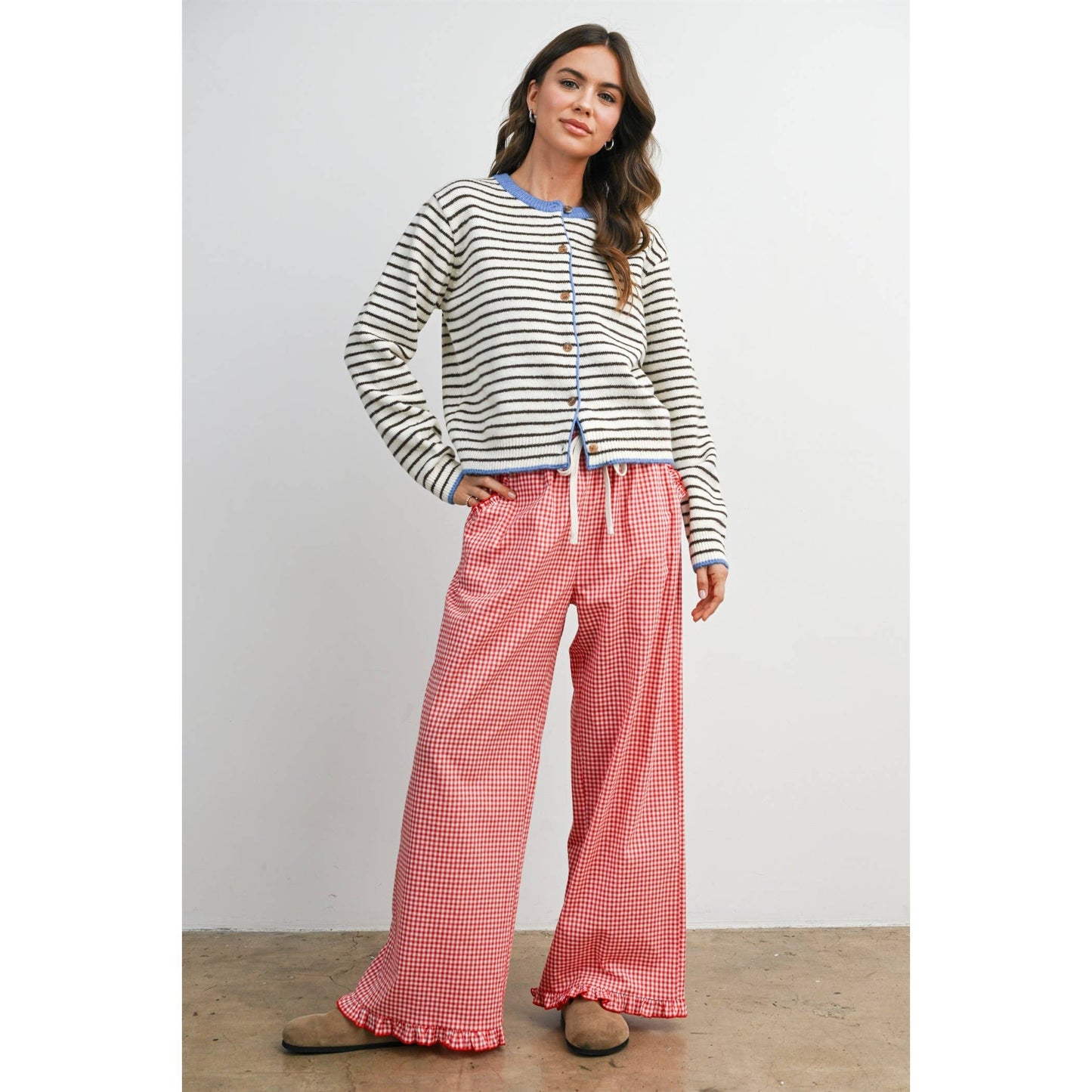 Women's Striped Ruffle Hem Cropped Pants- BMP8476
