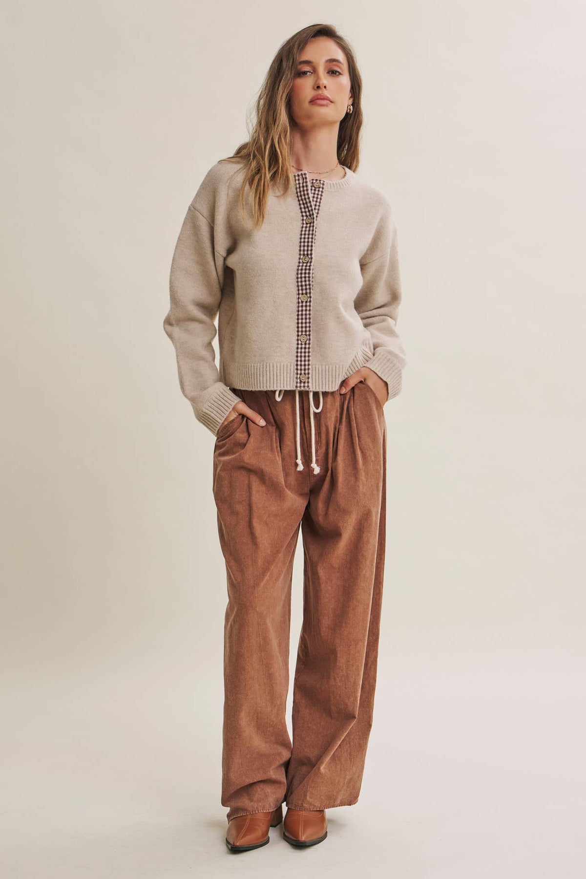 Beige Cardigan w/ Plaid Button Up Acccent
