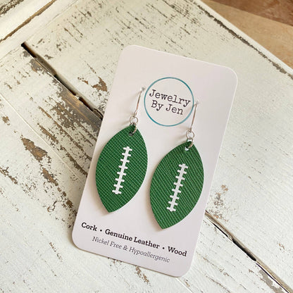 Green w/White Stitches Football Earrings