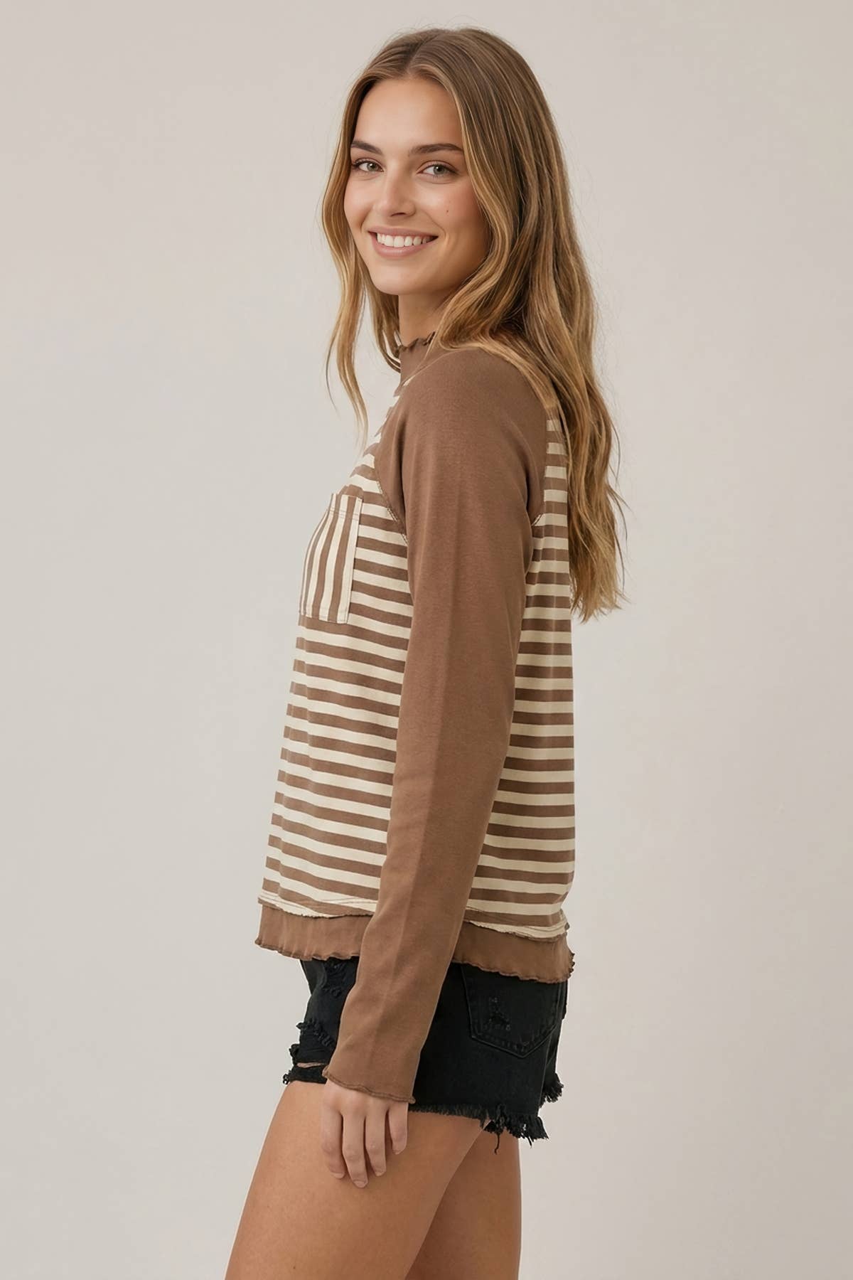 Striped Contrast Pocket Mock Neck