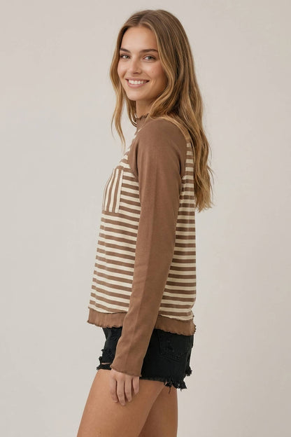 Striped Contrast Pocket Mock Neck