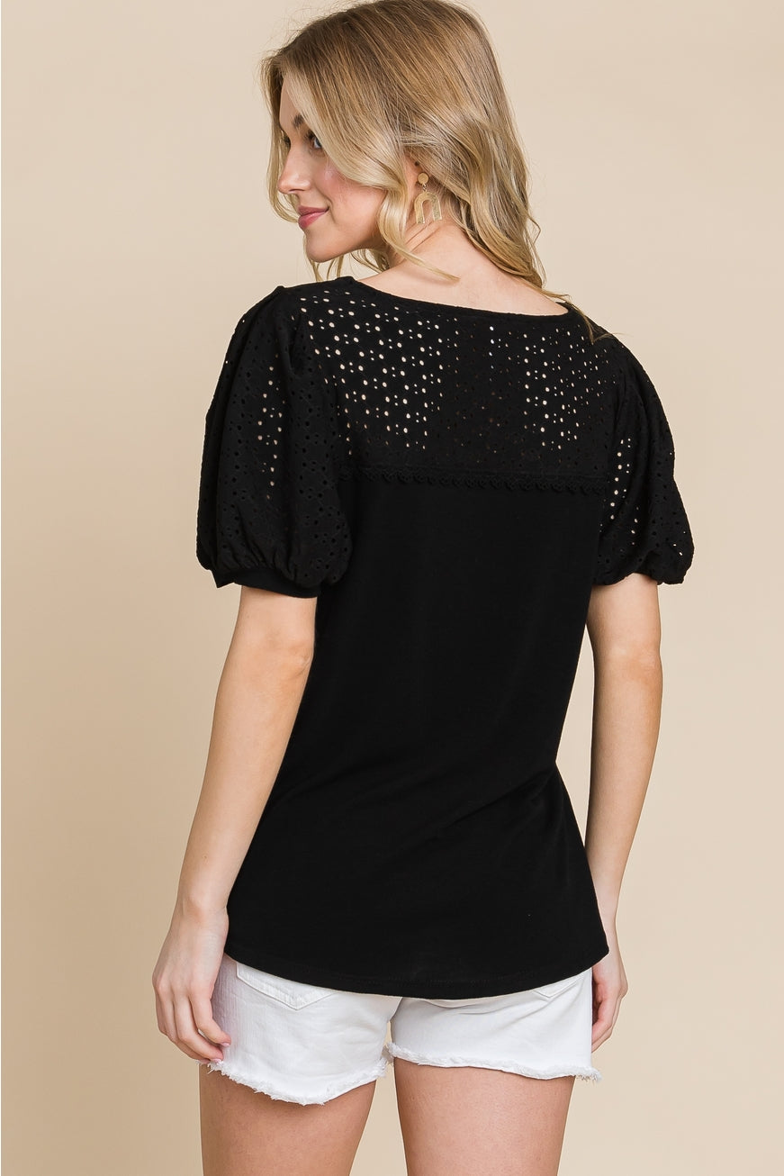 Black Eyelet Bubble Sleeve Top