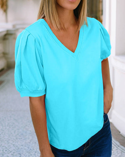 Solid Color V Neck Short Puff Sleeve Blouse