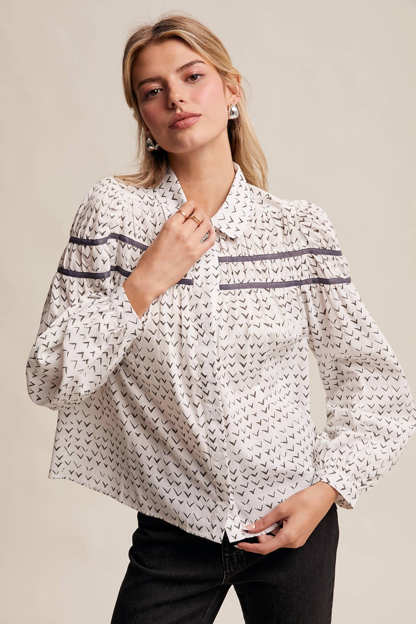 Lavender Grey Pintuck Puff Sleeve Blouse