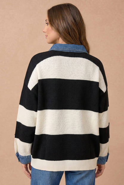 Plus Striped Denim Collar Sweater Knit Top