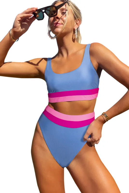 Blue & Pink Stripe Banded Bikini Swimsuit