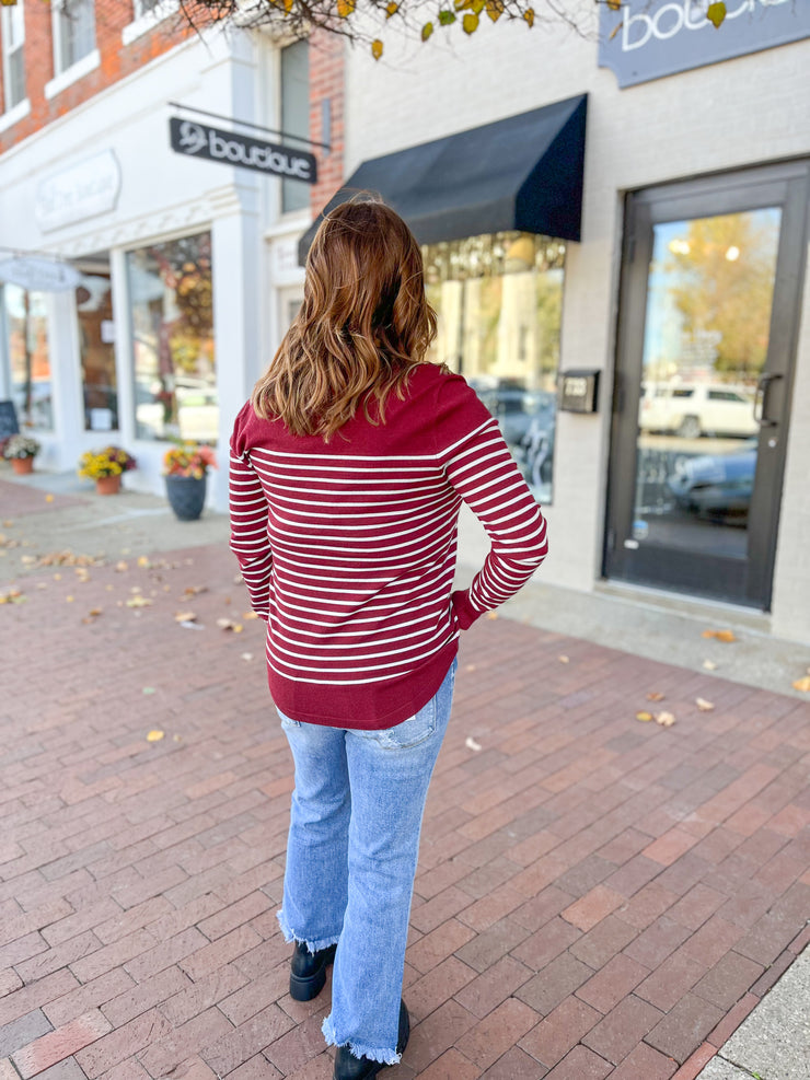 Burgundy Stripe Button Shoulder Sweater