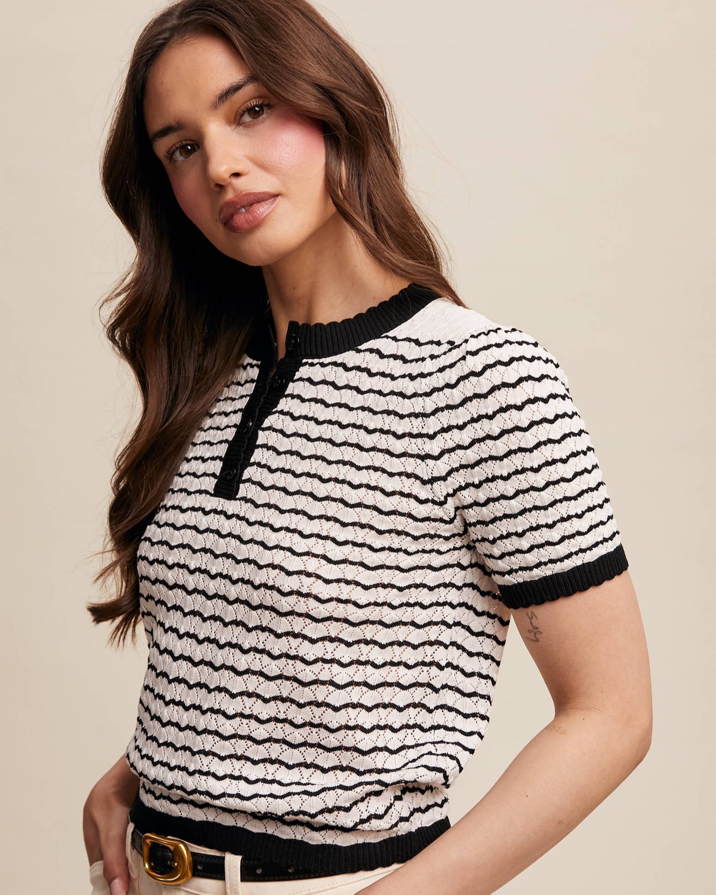 BlackStriped Lace Light Weight Knit Sweater Top