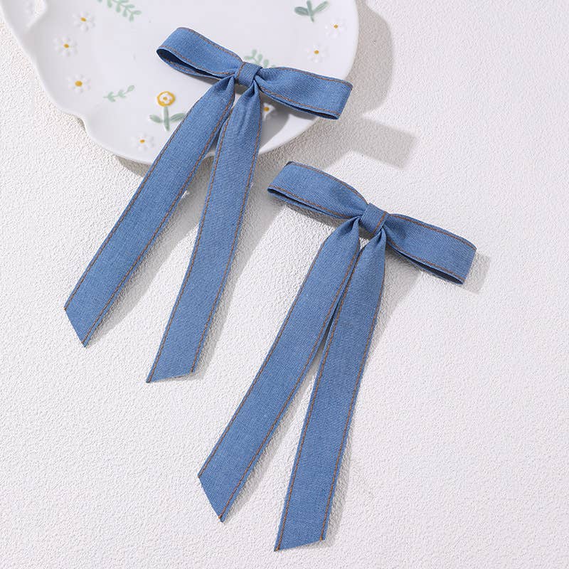 Contrast trim Vintage Denim Ribbon Bow Hair clips- 2PC