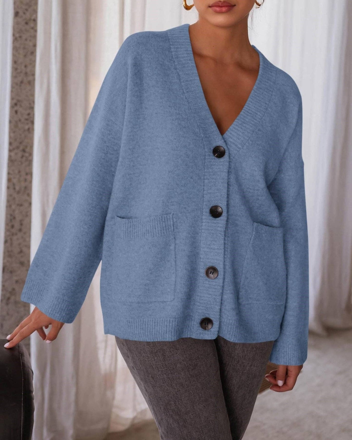Oversized Button Front Pocket Knit Cardigan