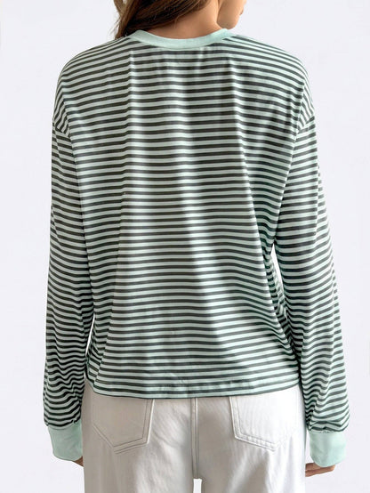 Striped Polyester Tee Casual Oversized Long Sleeve