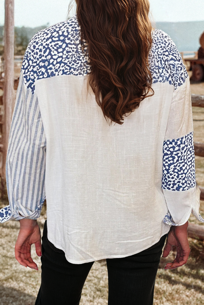 Blue & White Leopard w/ Stripes Button Up
