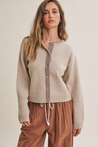 Beige Cardigan w/ Plaid Button Up Acccent
