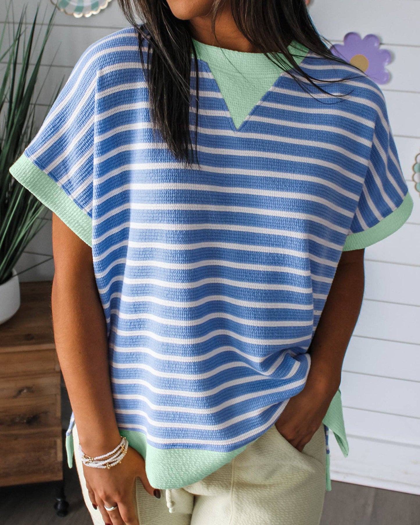 Striped Contrast Trim Loose Short Sleeve Top