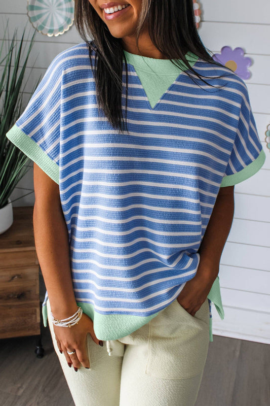 Striped Contrast Trim Loose Short Sleeve Top