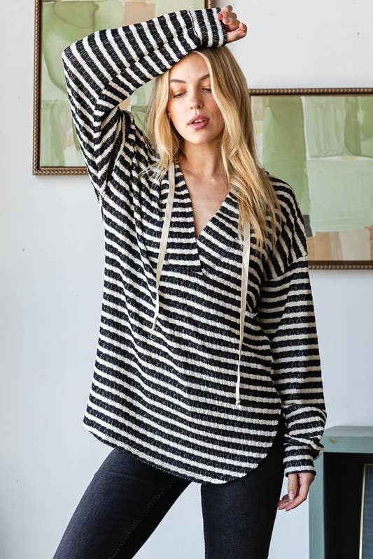 Black & White Crinkle Weave Striped Long Sleeve