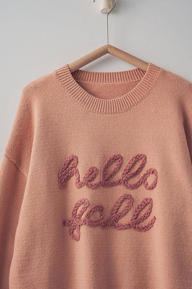 Cozy Embroidered Hello Fall Knit Crewneck Sweater