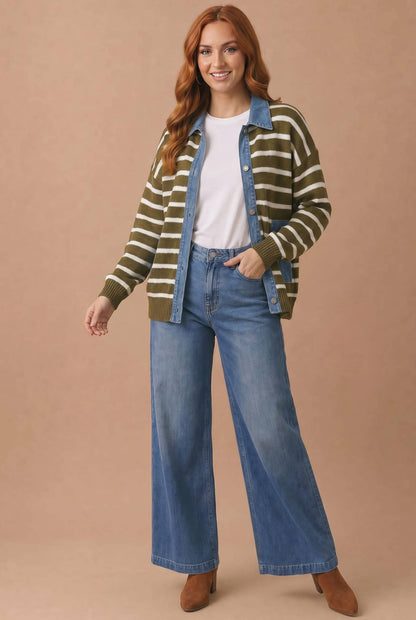Denim Button Down Stripe Cardigan