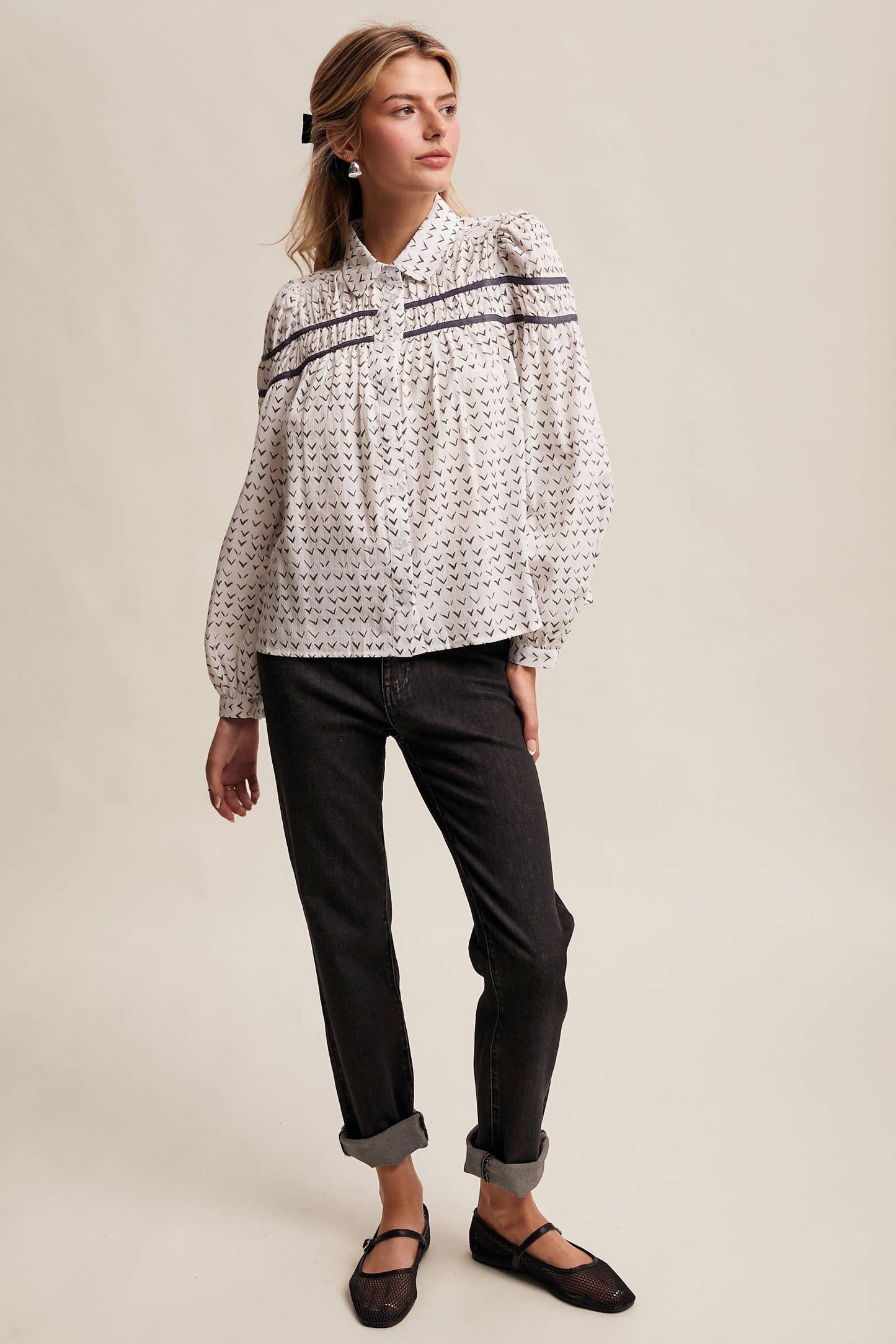 Lavender Grey Pintuck Puff Sleeve Blouse